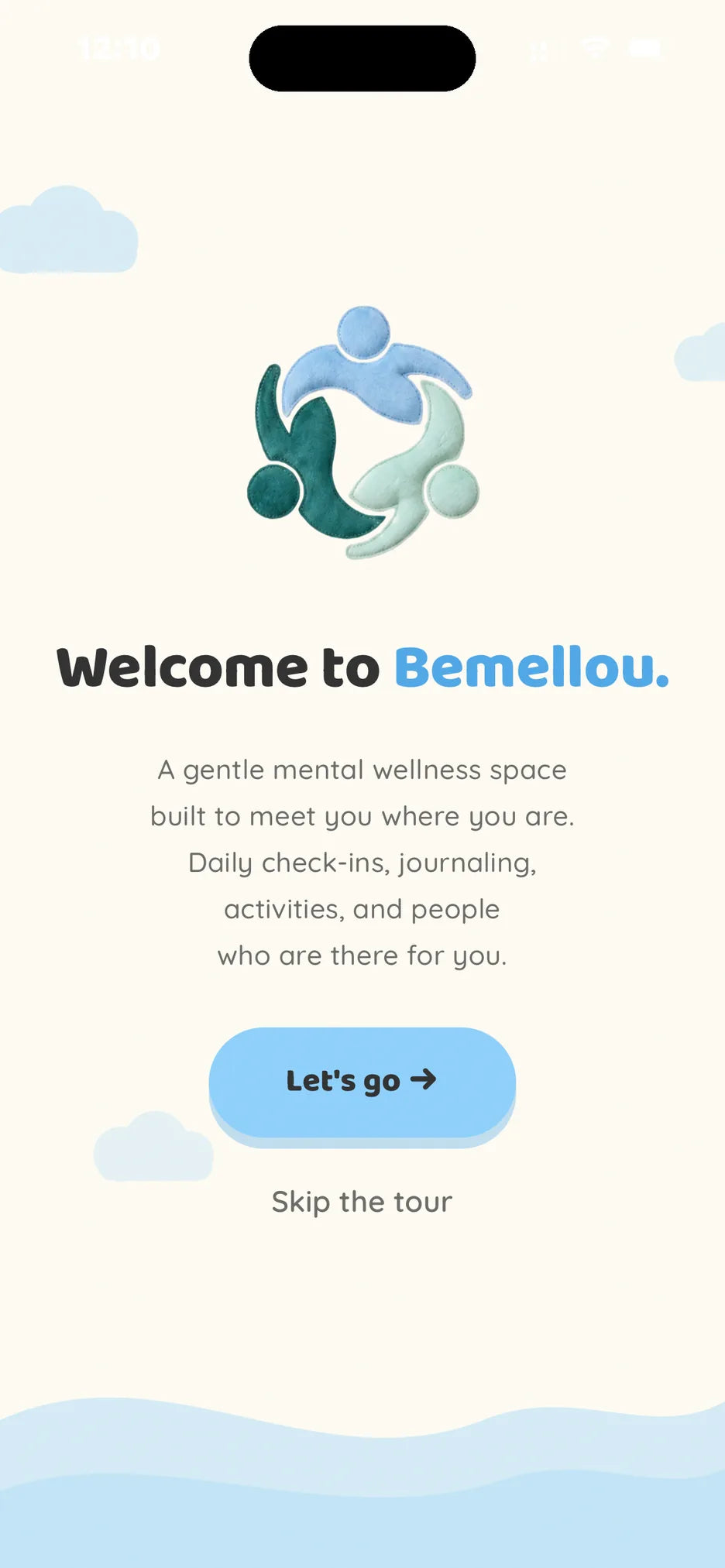 Screens from the Bemellou app: the home screen, the seven islands, one for each day of the week, the community and the Learn and Grow programs.