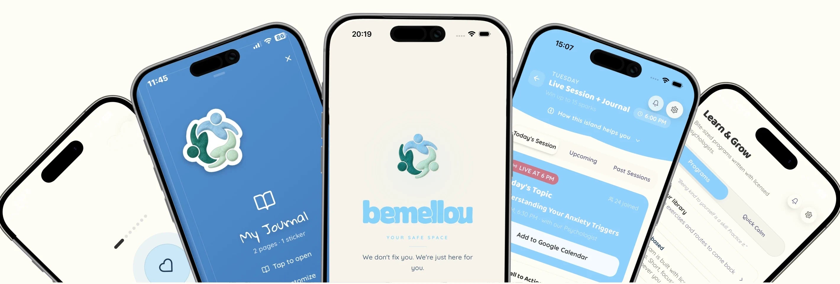Phones fanned out showing the Bemellou app: the journal, the home screen, a live psychologist-led session and the Learn and Grow programs.