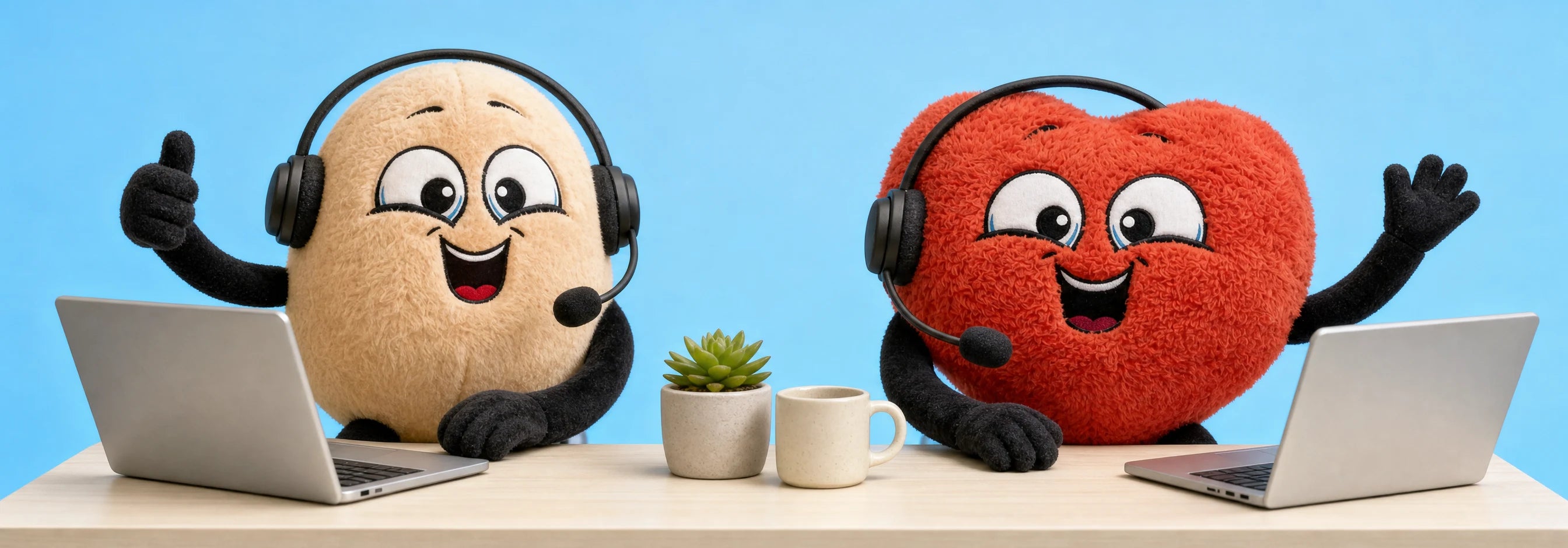 Benny and Vita, Bemellou's plush support team, wearing headsets at their desks